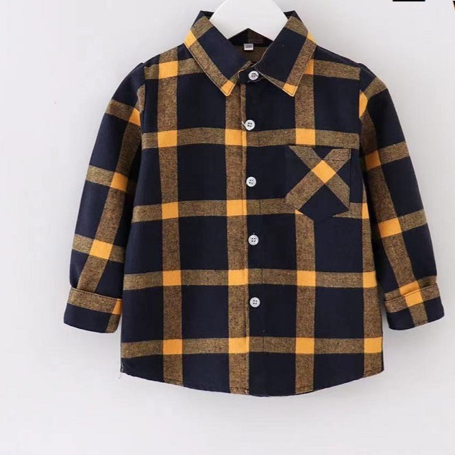 Boys And Girls Long Sleeve Lapel Collar Plaid Single Breasted Top Wholesale Toddler Shirts - PrettyKid