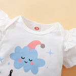 Baby Girl Cartoon Cloud Pattern Letter Print Bodysuit & Striped Shorts - PrettyKid
