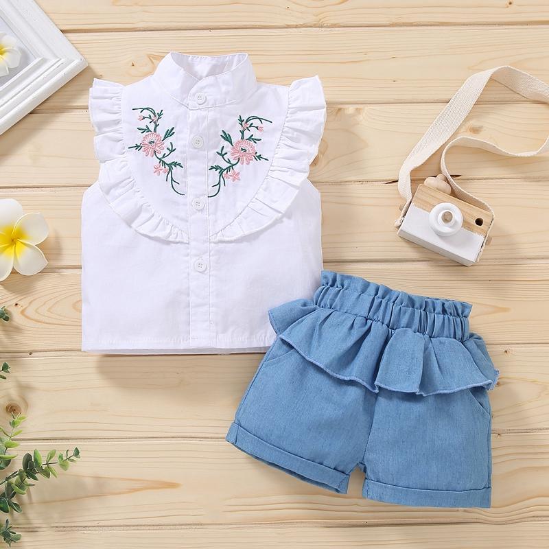 Grow Girl Sleeveless Embroidery Floral Top & Denim Shorts - PrettyKid