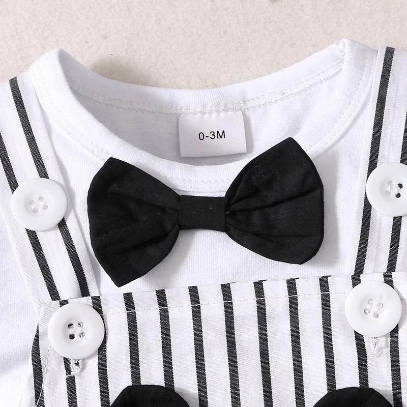 Baby Boy Bow Tie Decor T-shirt & Cartoon Cat Pattern Striped Overalls - PrettyKid