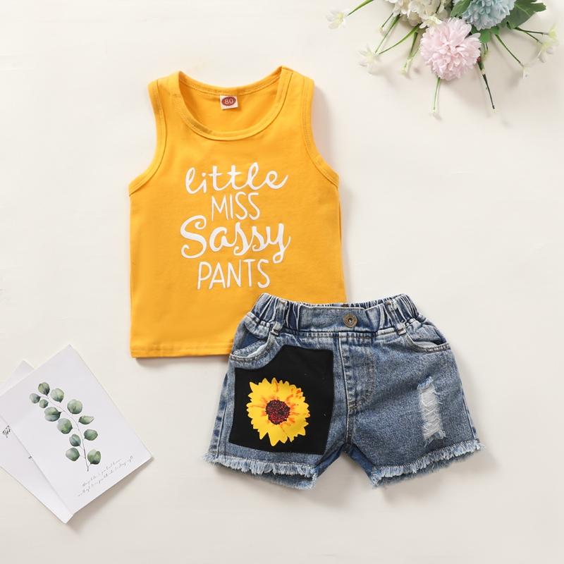 Toddler Girl Tank Top & Sunflower Pattern Denim Shorts Children's Clothing - PrettyKid