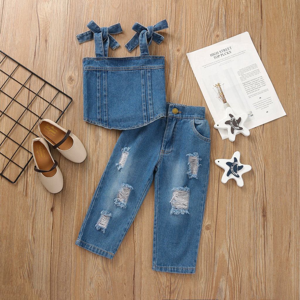 18months-6years Toddler Girl Sets Children's Clothing Summer Denim Ripped Jeans 2-Piece Set - PrettyKid