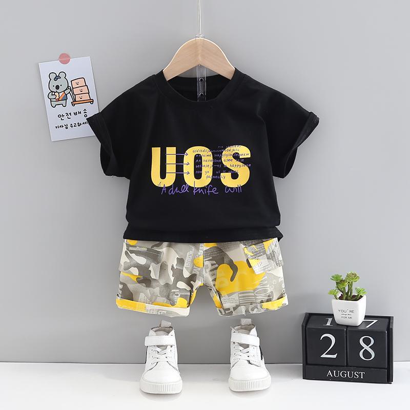 Grow Boy Letter Print Top & Camouflage Shorts - PrettyKid