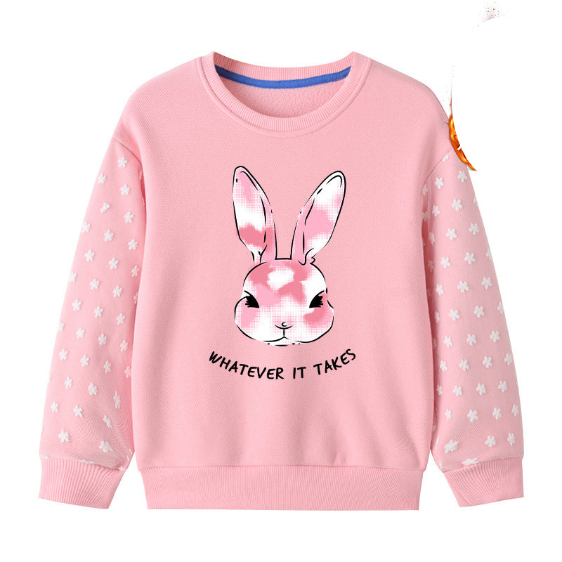 18M-10Y Kids Girls Cartoon Rabbit Print Floral Embroidered Long Sleeve Crewneck Top Kids Clothing Wholesale - PrettyKid