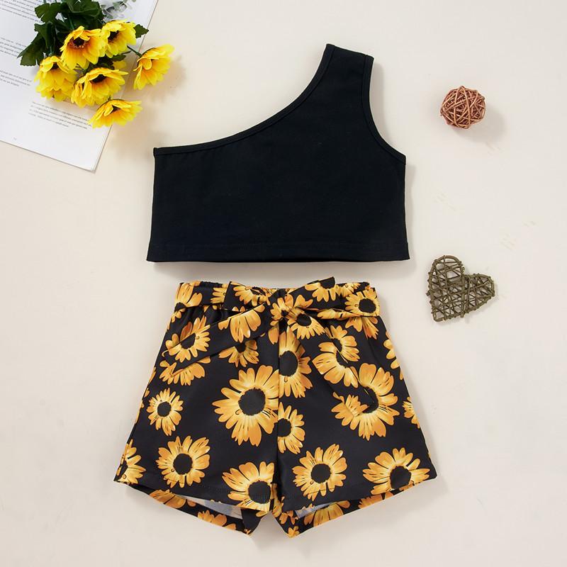 Toddler Girl Off-shoulder Top & Sunflower Print Shorts - PrettyKid