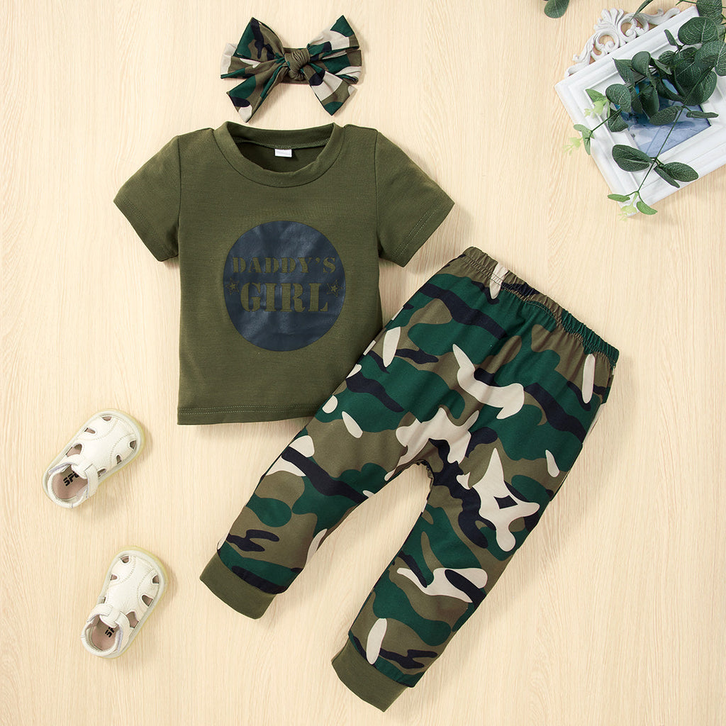 0-18M Baby Girl Set Clothes Camouflage Letter Print Casual Short Sleeve Headband Wholesale Baby Clothes KCL0171665 - PrettyKid