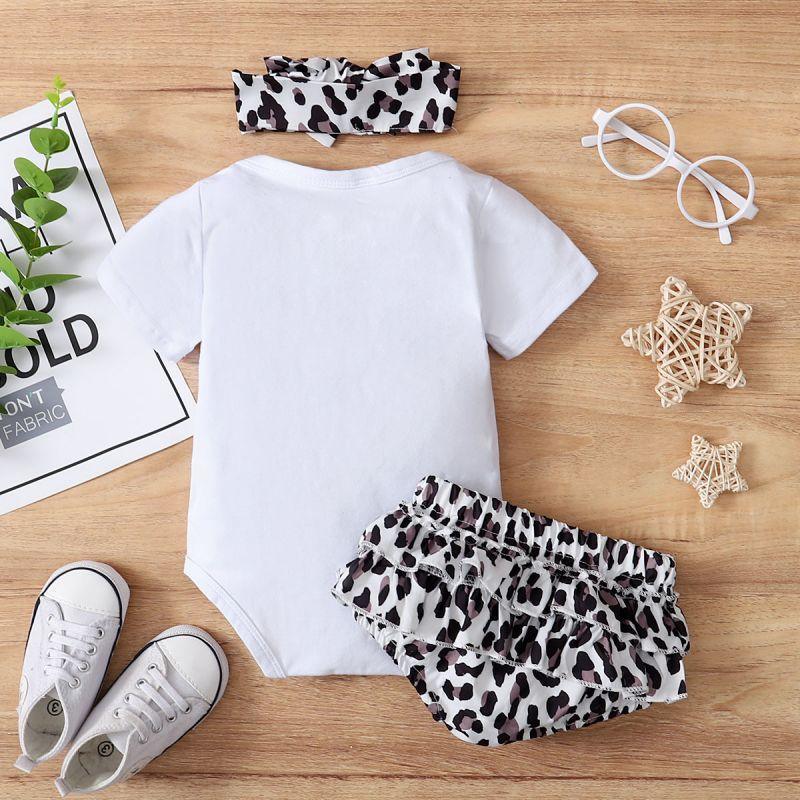 Baby Girl Letter Graphic Bodysuit & Leopard Shorts & Headband - PrettyKid