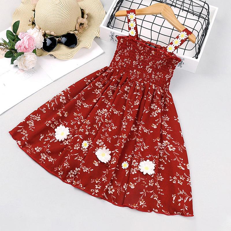 Toddler Girl Summer Red Floral Print Sling Dress Children's Clothing - PrettyKid
