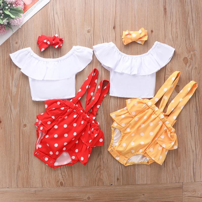 Baby Girl Ruffle Top & Suspender Shorts & Polka Dot Headband - PrettyKid