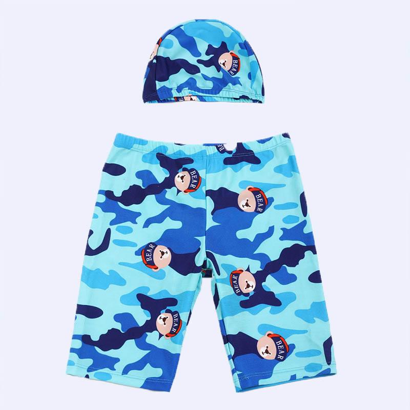 Kid Boy Cartoon Bear Patten Swimming Trunks & Swimming Cap 2 Pic Children's Clothing - PrettyKid