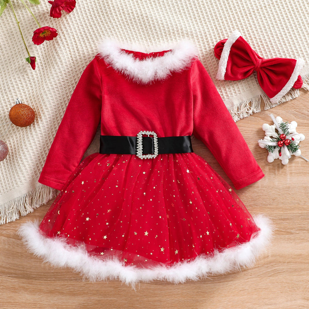 12M-5Y Christmas Red Flannel Neck Long Sleeve Star Print Mesh Skirt Dress With Diamond Black Belt Baby Wholesale Clothing - PrettyKid