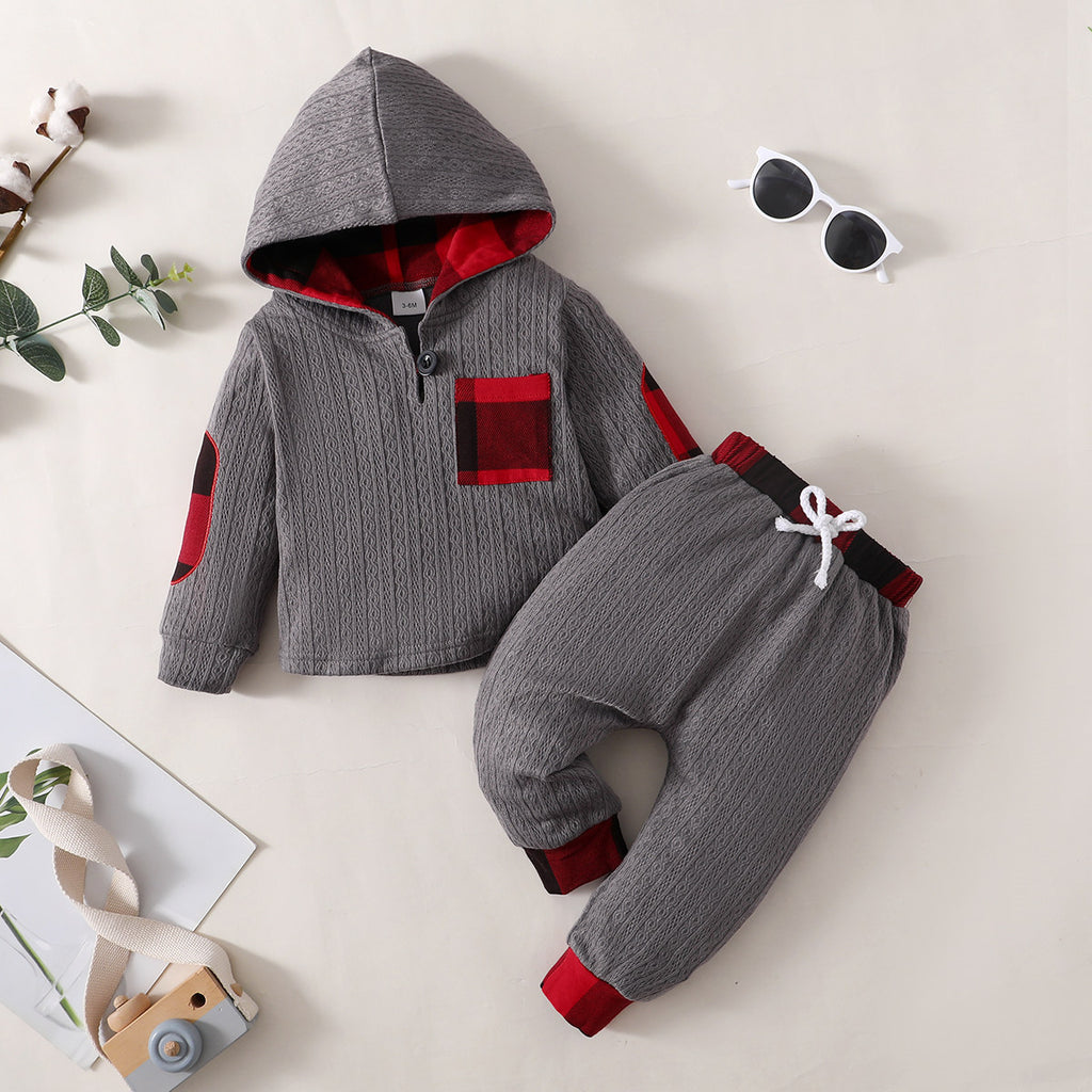Wholesale Baby Color-block Plaid Pattern Pocket Decor Hooded Sweater & Pants in Bulk - PrettyKid