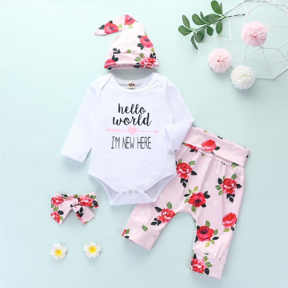 Baby Girls 4-Piece Letter Long Sleeve Romper & Floral Pants Baby Wholesale - PrettyKid