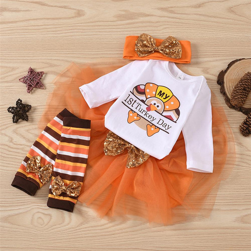 Baby Girls 4-Piece Turkey Day Romper & Tulle Skirt Baby Wholesales - PrettyKid