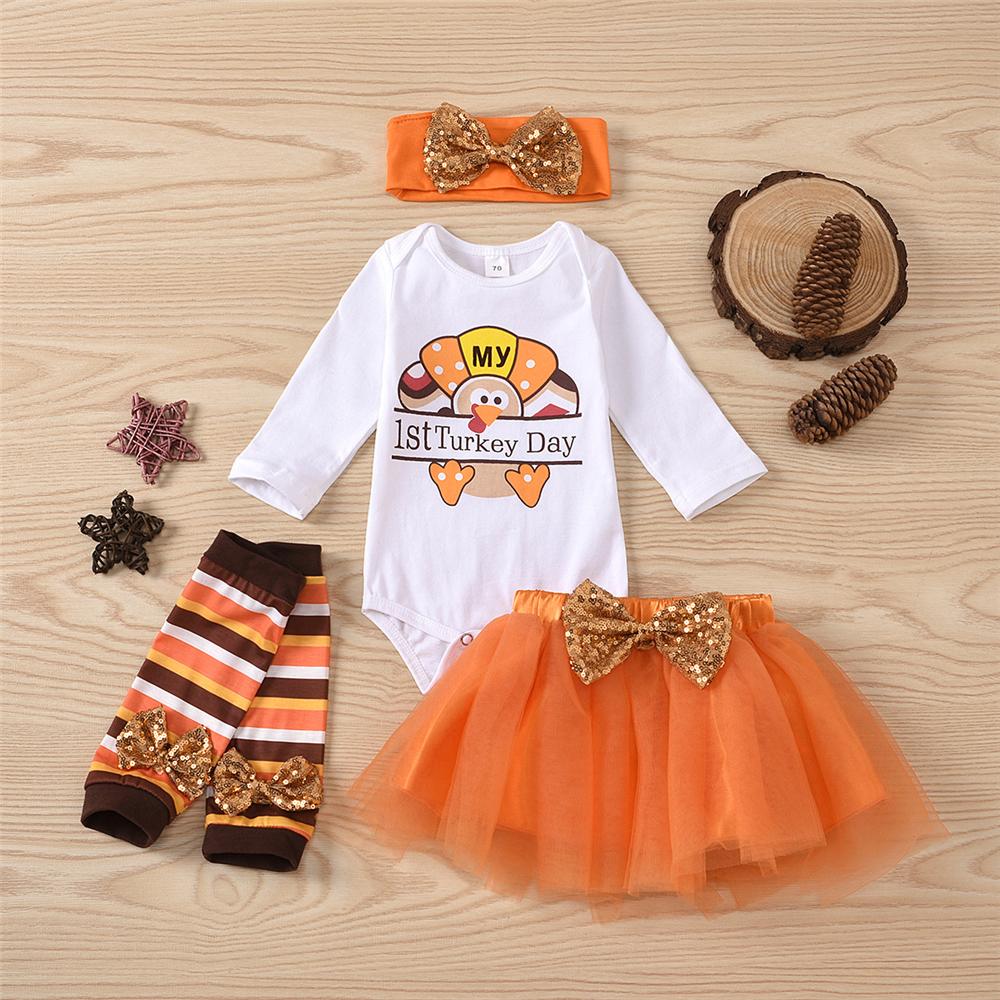 Baby Girls 4-Piece Turkey Day Romper & Tulle Skirt Baby Wholesales - PrettyKid