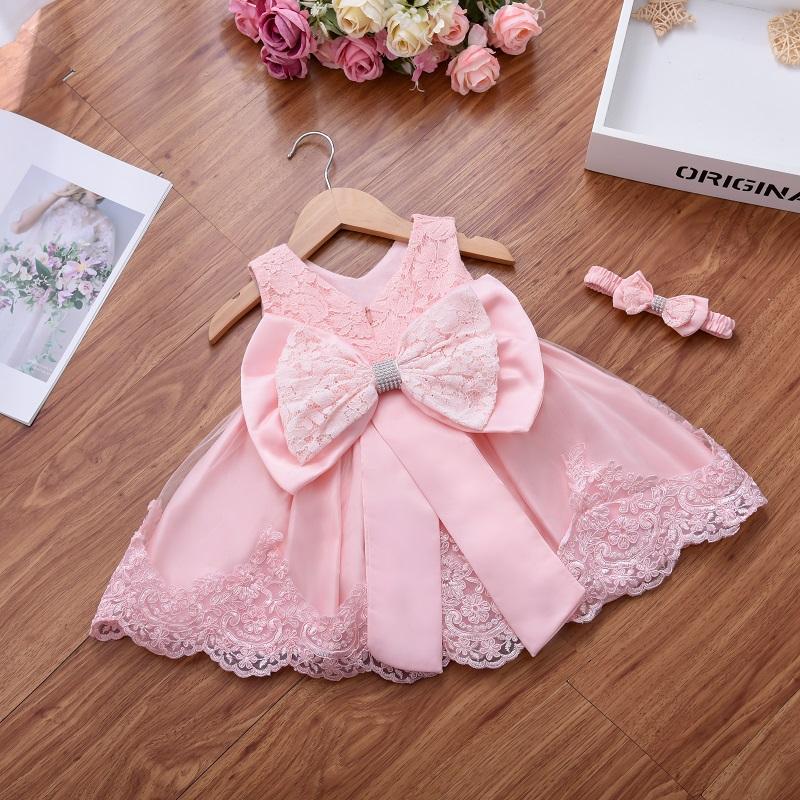 Baby Girl Bow Decor Lace Braided Sleeveless Formal Dress - PrettyKid