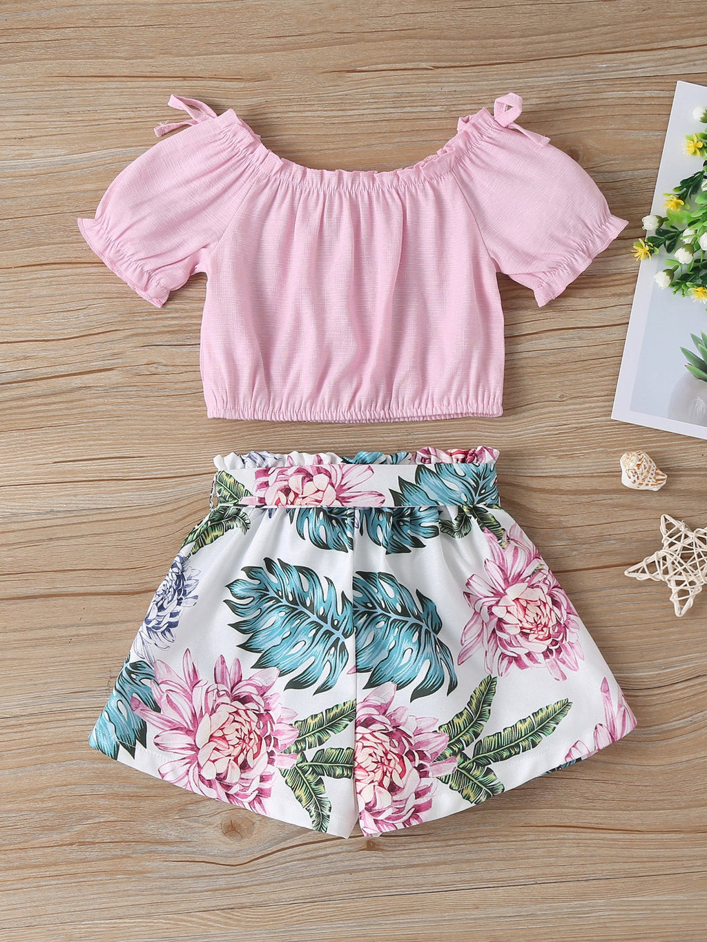 18M-6Y Toddler Girls Outfits Sets Off-Shoulder Top & Flower Print Shorts Wholesale Sunny Girl Clothing - PrettyKid