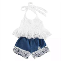 Toddler Girl Lace Braided Halterneck Top & Denim Shorts - PrettyKid