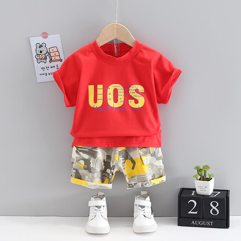 Grow Boy Letter Print Top & Camouflage Shorts - PrettyKid