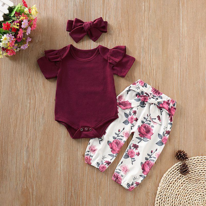 3-piece Solid Ruffle Bodysuit & Floral Printed Pants & Headband for Baby Girl Children's clothing wholesale - PrettyKid