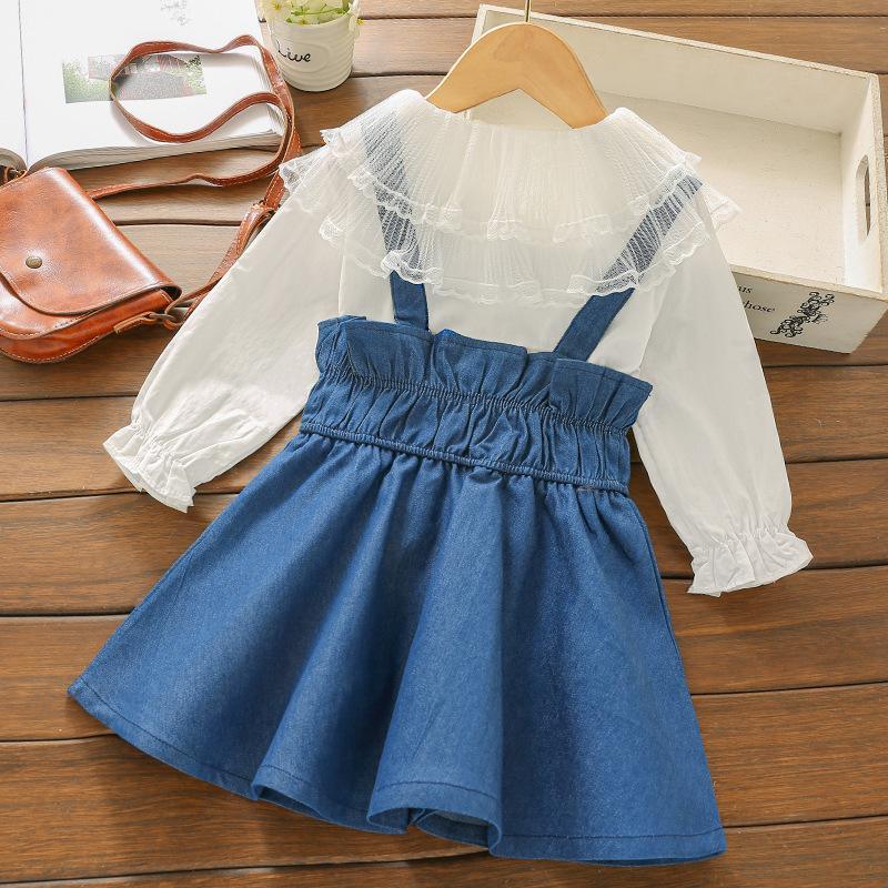 2-piece Solid Lace Blouse & Dungarees for Toddler Girl - PrettyKid