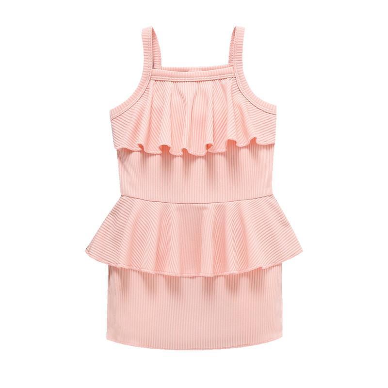 Toddler Girl Solid Color Ruffle Trim Ribbed Cami Dress - PrettyKid