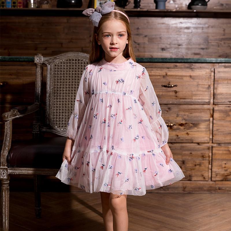 trendy children's clothes wholesale Kid Girl Plant Print Mesh Dress - PrettyKid