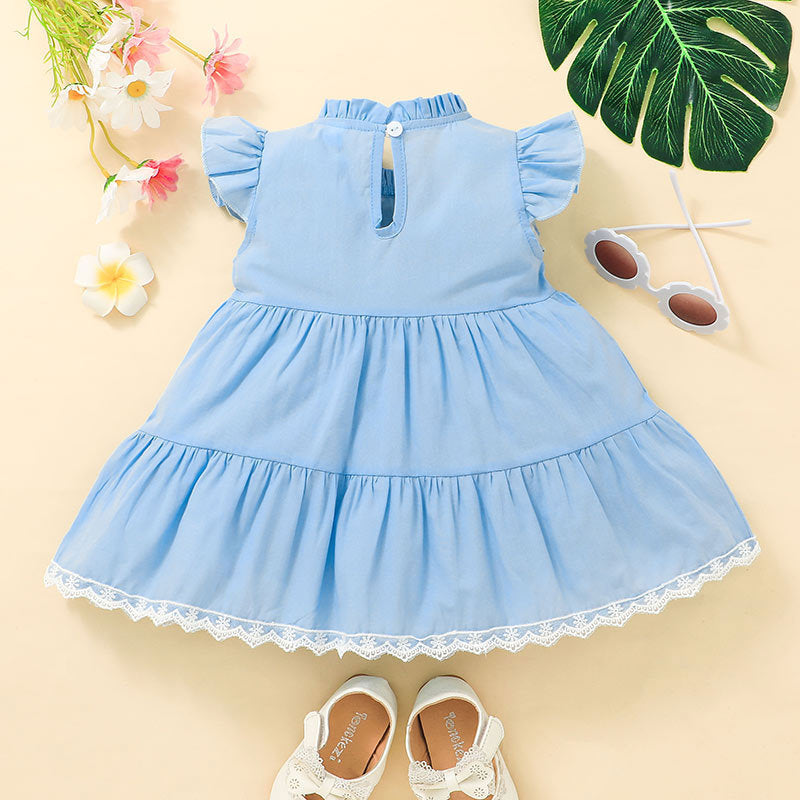Baby Girl Flying Sleeve Lace Trim Blue Dress Baby Summer Dress - PrettyKid