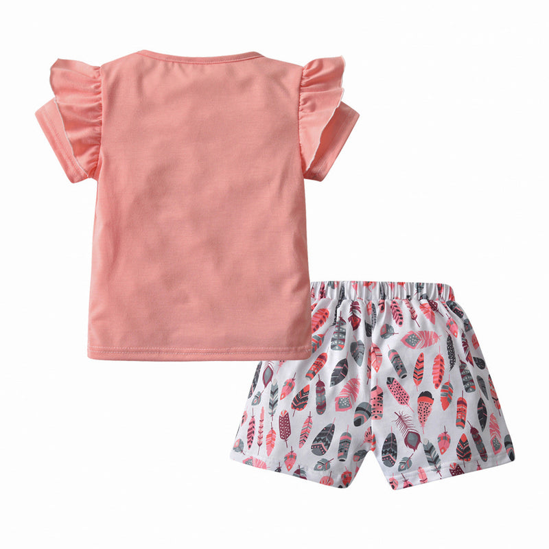 18months-6years Toddler Girl Sets Girls' Round Neck Cake Sleeve & Printed Shorts Casual Two-Piece Suit - PrettyKid