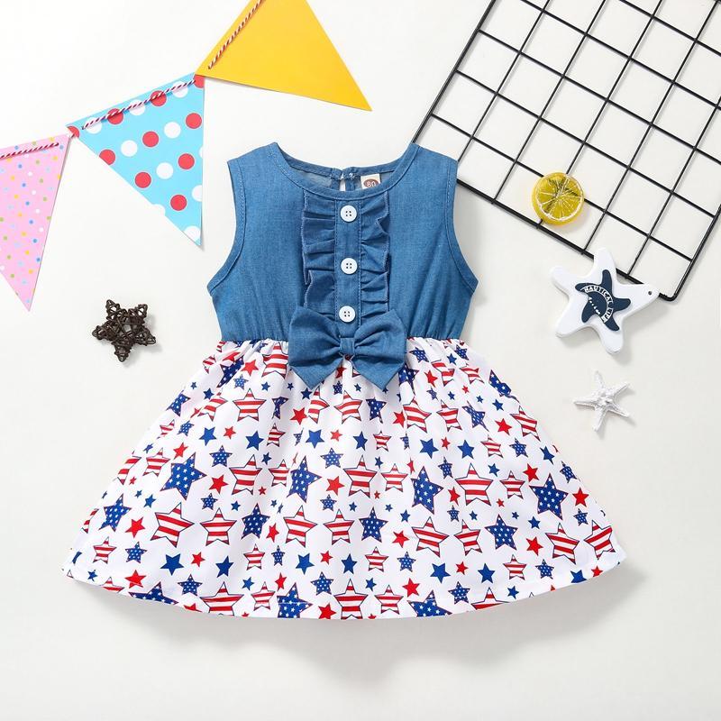 Toddler Girl Independence Day Pentagram Print Ruffle Trim Dress - PrettyKid