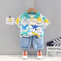 9M-4Y Toddler Boy Clothing Wholesale Outfits Sets Full Print Dinosaur Polo Shirts & Denim Shorts - PrettyKid