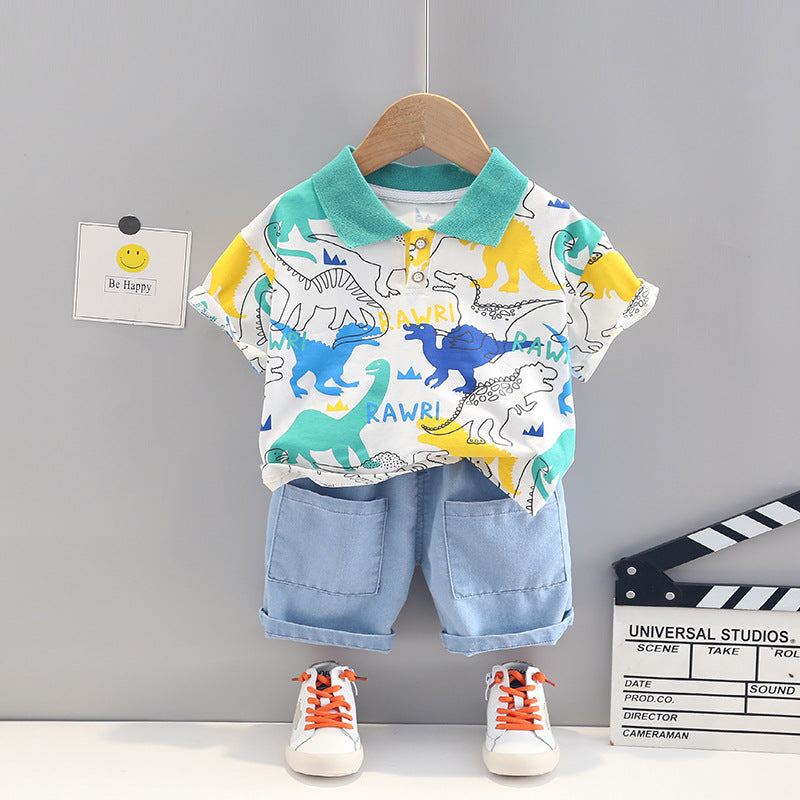 9M-4Y Toddler Boy Clothing Wholesale Outfits Sets Full Print Dinosaur Polo Shirts & Denim Shorts - PrettyKid