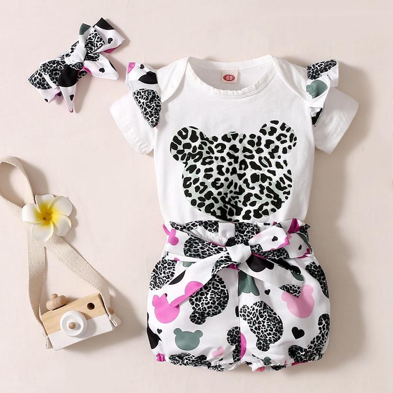 Baby Girl Bear Pattern Ruffle Trim Bodysuit & Printed Shorts & Headband - PrettyKid