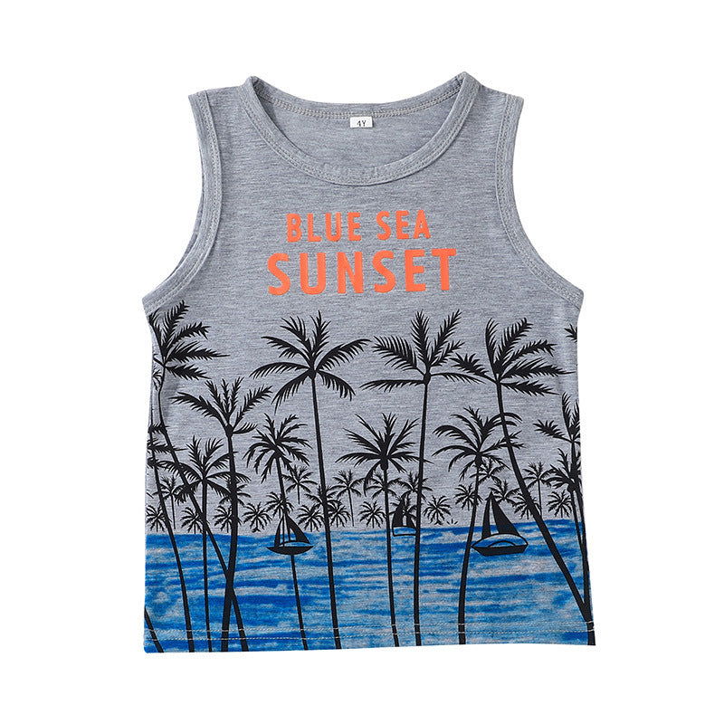 3-7Y Toddler Boys Letter Coconut Tree Print Tank Tops Wholesale Boys Clothing - PrettyKid