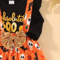 Toddler Girls Letter Print Long Sleeve Strap Skirt Two Piece Halloween Set - PrettyKid