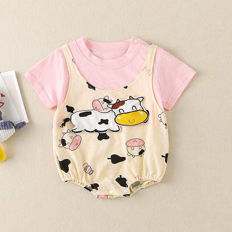 Baby Cartoon Cow Pattern Shoulder Strap Decor Bodysuit - PrettyKid