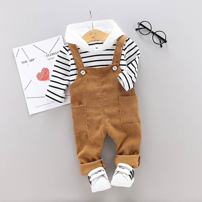 2-piece Striped Hoodie & Solid Dungarees for Children Boy - PrettyKid