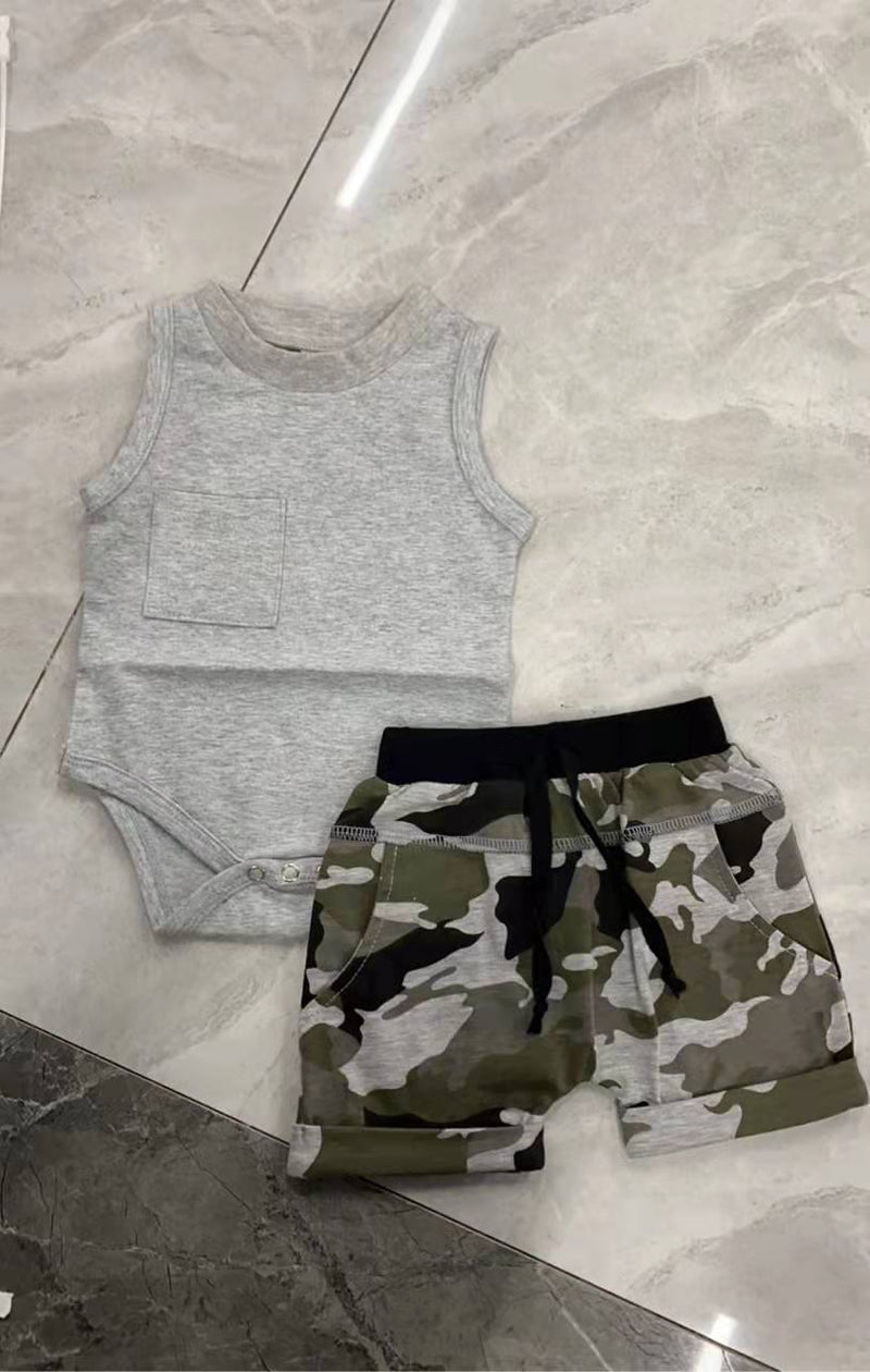 Baby Boy Pure Color Tank Top And Camouflage Shorts Baby Boy 2 Piece Set - PrettyKid
