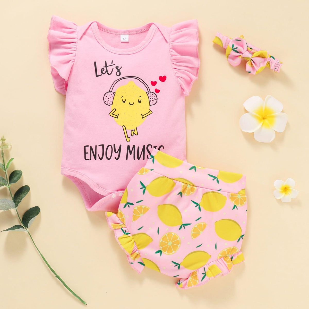 Baby Girl Monogram Print Bodysuit And Lemon Shorts With Headband Baby Outfit Sets - PrettyKid