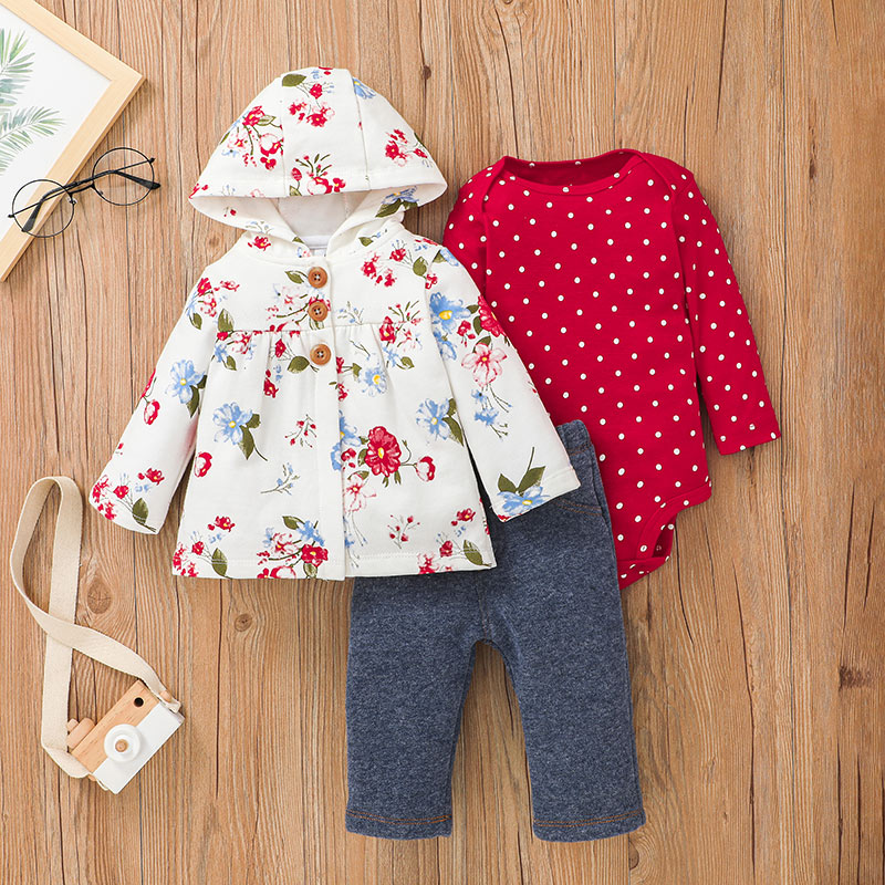 Baby Girl Long Sleeve Romper & Floral Hooded Coat & Pants - PrettyKid