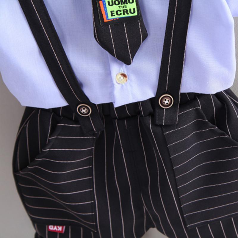 Toddler Boy Tie Decor Shirt & Plaid Suspender Shorts - PrettyKid