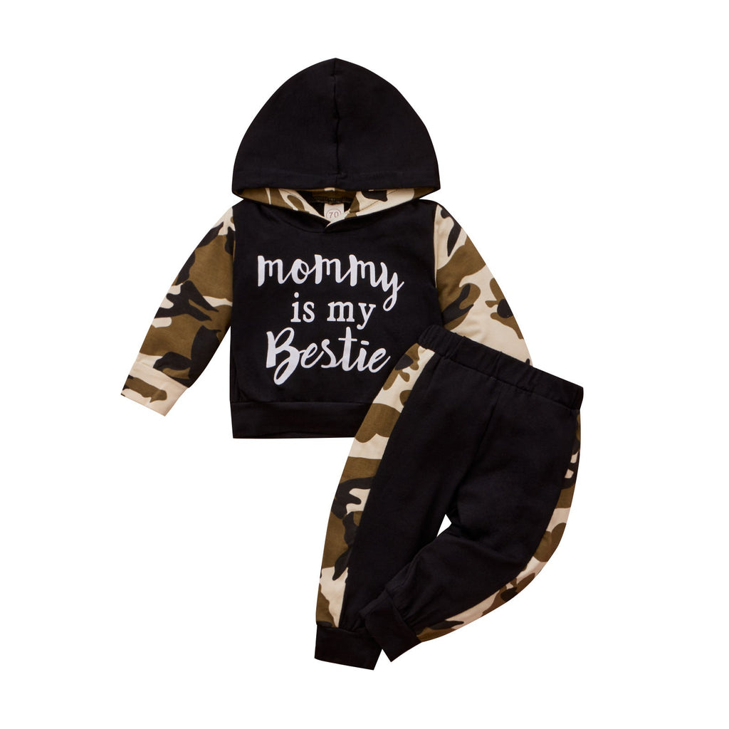 Alphabet Camouflage Hooded Romper And Pants Two Piece Boy Baby Sets - PrettyKid