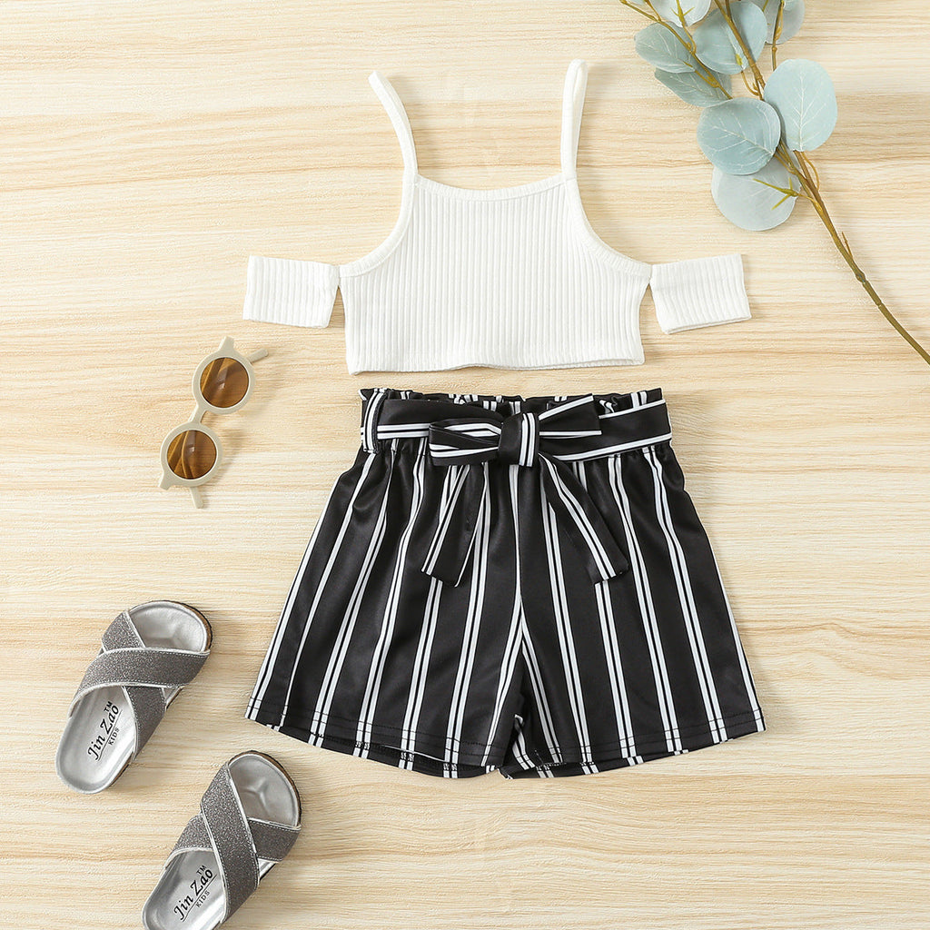 18months-6years Toddler Girl Sets Summer Girls Suit Solid Color Strapless Top Striped Shorts Suit - PrettyKid