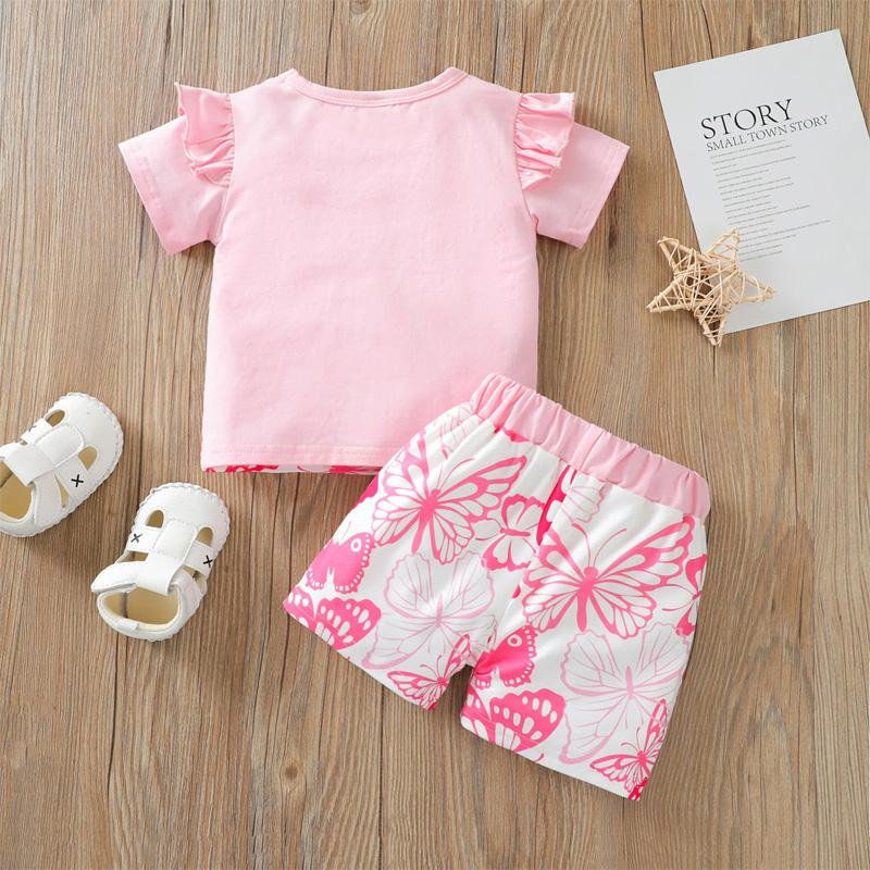 Baby Girl Butterfly Pattern Color-block T-shirt & Shorts - PrettyKid