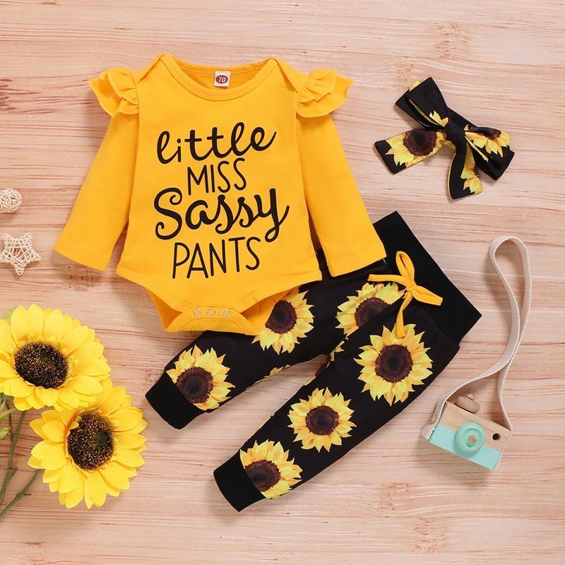 3-piece Letter Pattern Bodysuit & Pants & Headband for Baby Girl - PrettyKid