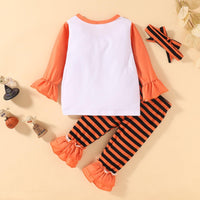 Toddler Girls Pumpkin Print Trumpet Long Sleeve Top Striped Pants Set - PrettyKid