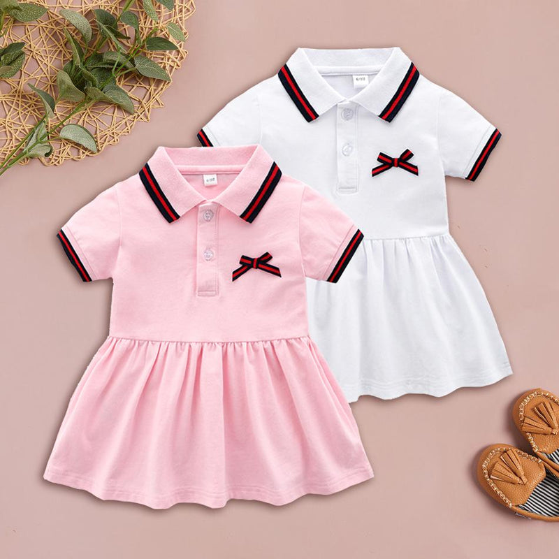 Cute Stripe Solid Short-sleeve Dress - PrettyKid
