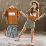 Big Kid Girl Clothes Sets Letter Print Bowknot Sleeve T-Shirts And Irregular Hem Shorts - PrettyKid