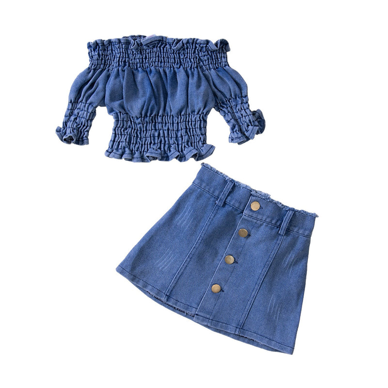 18M-6Y One-Shoulder Pleated Top Button-Up Frayed Skirt Denim Suit Cute Toddler Girl Clothes Wholesale - PrettyKid