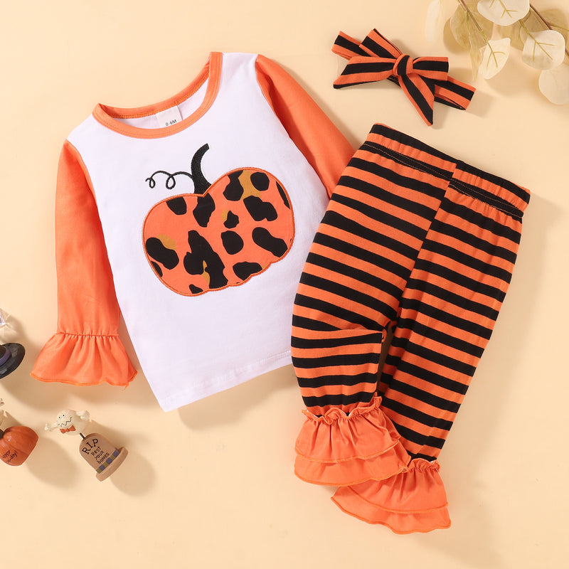 Toddler Girls Pumpkin Print Trumpet Long Sleeve Top Striped Pants Set - PrettyKid